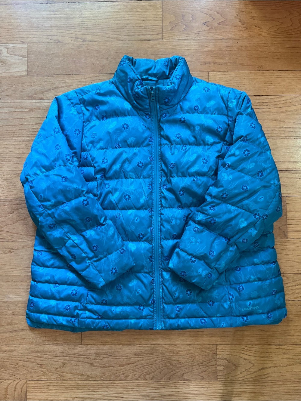 Lands' End Teal Puffer Jacket with Floral Print 2X